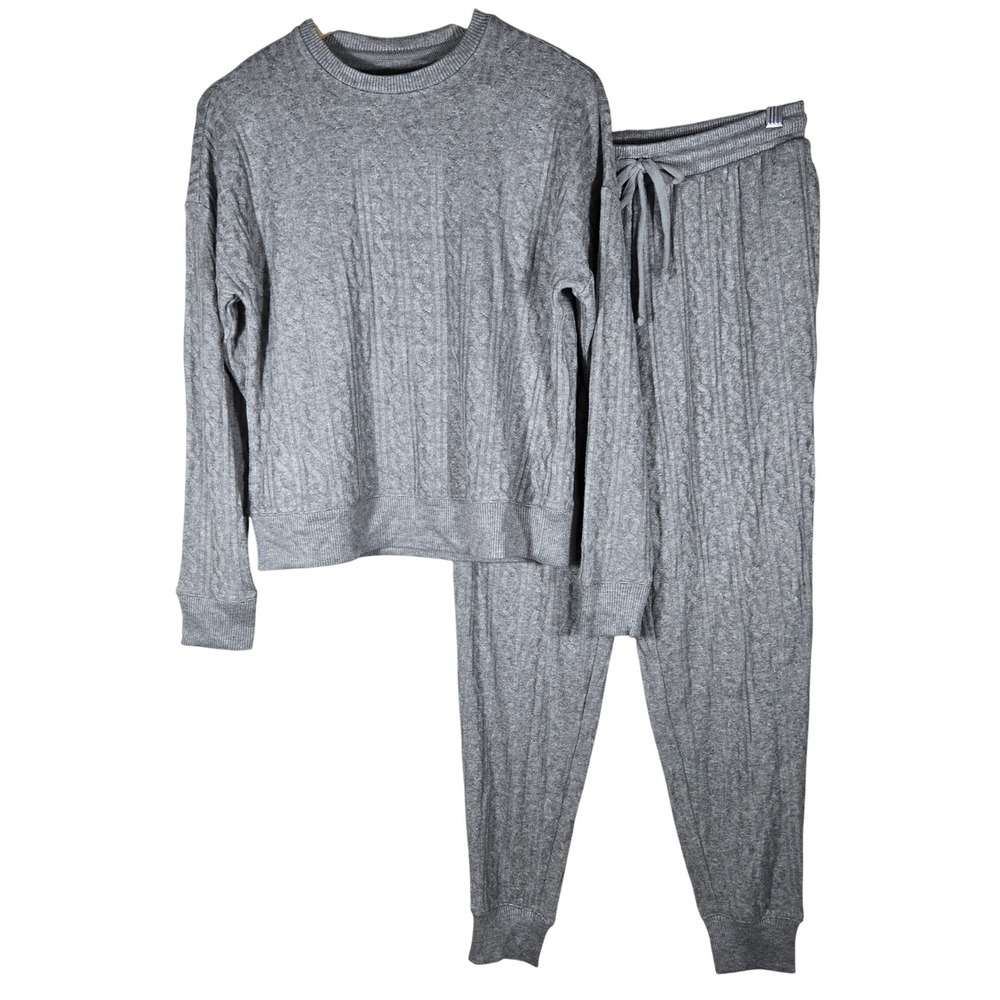 State of Day Intimates 2-Pc Cable Knit Jogger Lounge Set Pewter Gray Small New